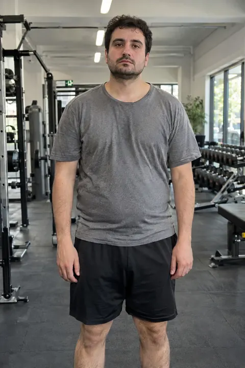 Exemple : photo de départ, homme en t-shirt gris dans une salle de sport